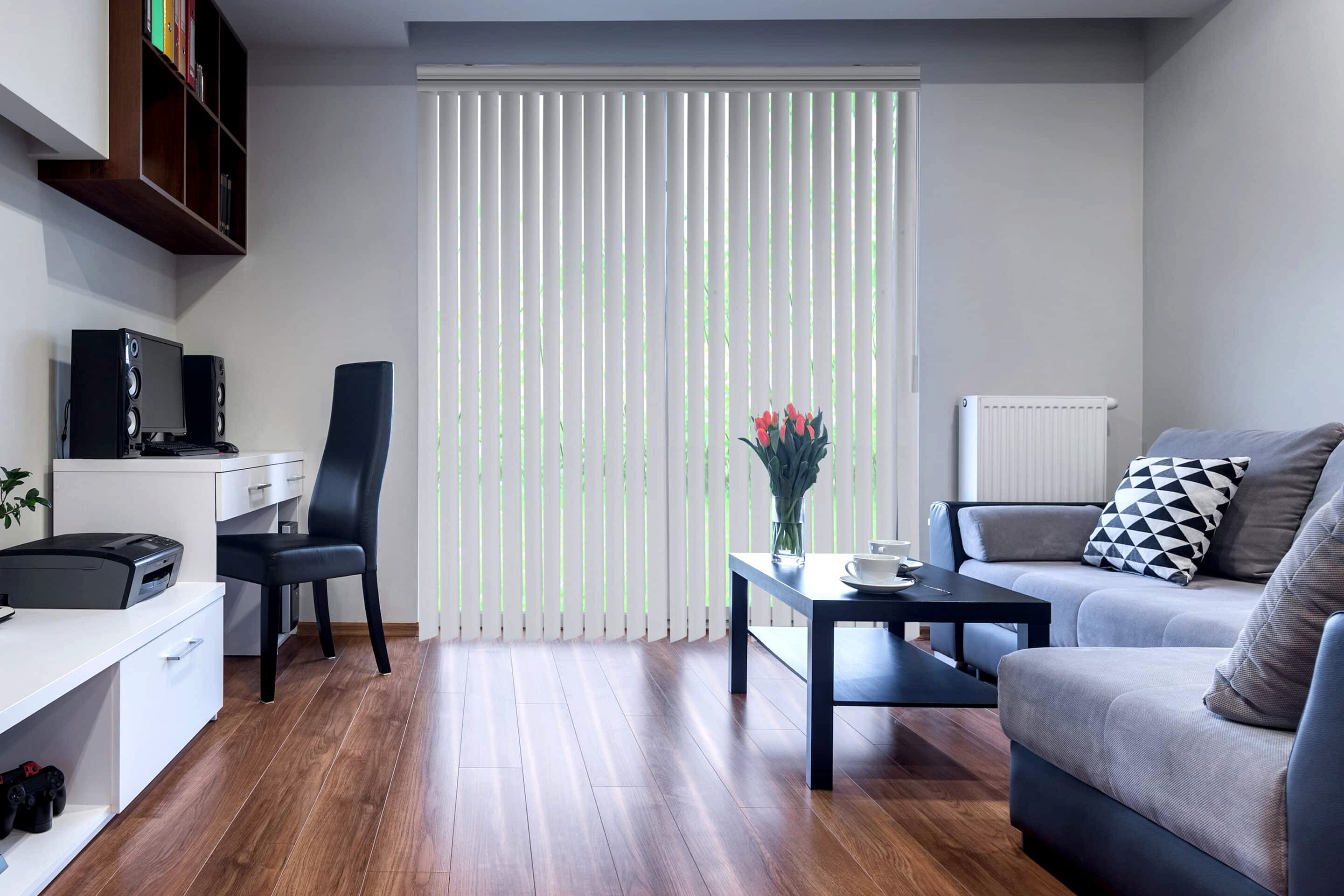 Functional home interior in new style. Blinds Sliding Glass Door