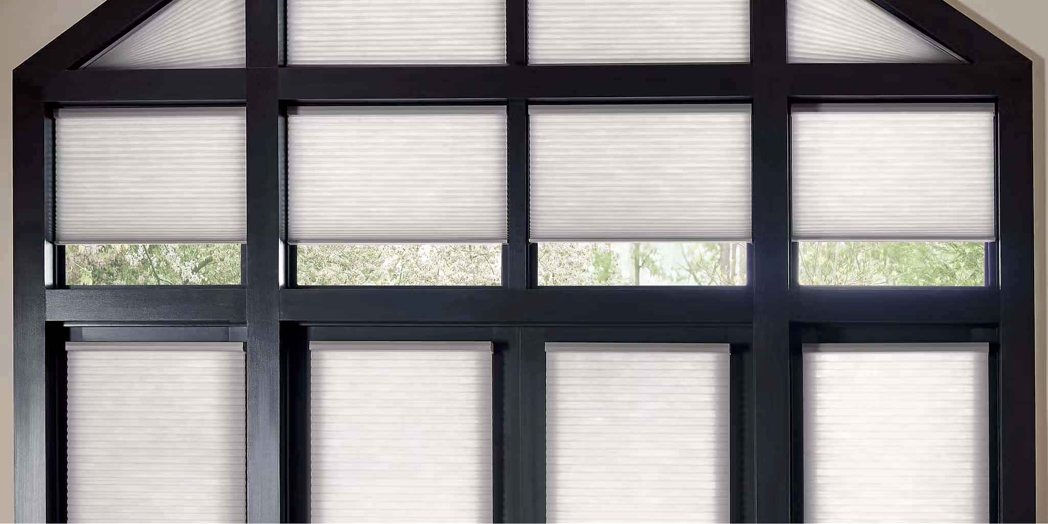 Arch windows with custom made pleated shades filtering in natural light.